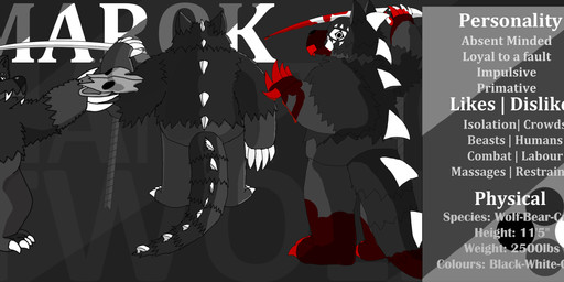 amarok_(giantlilwolf) anthro blood bodily_fluids male melee_weapon polearm scythe text weapon alligator alligatorid bear canid canine canis chimera crocodilian hybrid mammal reptile scalie wolf absurd_res english_text hi_res model_sheet
