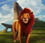 blue_sky cloud cloudy_sky detailed_background feral fur grass grass_field hair male mane open_mouth outside plant pride_rock red_eyes red_hair rock sky solo standing tree whiskers wolfrayay disney the_lion_king simba_(the_lion_king) felid lion mammal pantherine