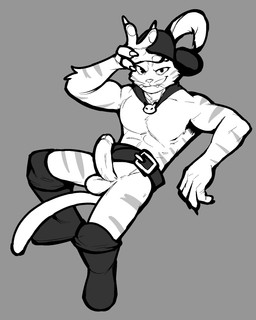 abs anthro athletic balls belt boots cape claws clothing erection fangs footwear fur fuzzy genitals grey_background hat headgear headwear humanoid_genitalia humanoid_penis leaning leaning_backward looking_at_viewer male markings narrowed_eyes pawpads penis raised_arm shoes simple_background smile smirk solo striped_body striped_fur striped_markings stripes tail teeth whiskers jrjresq dreamworks puss_in_boots_(franchise) puss_in_boots_(dreamworks) domestic_cat felid feline felis mammal tabby_cat aliasing digital_media_(artwork) greyscale hi_res line_art monochrome