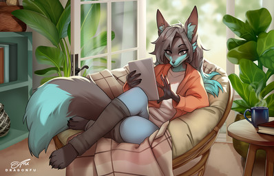 4_toes anthro clothing crossed_legs feet female fluffy fluffy_tail hair inside long_hair multicolored_hair plant_pot relaxing sitting solo tablet_computer tail toes dragonfu canid canine canis domestic_dog mammal wolf 2023