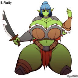 armor big_breasts blue_hair bottomwear breasts cleavage clothed clothing collar curvy_figure eyelashes female fingers green_body green_skin hair huge_breasts humanoid_pointy_ears knife loincloth looking_at_viewer melee_weapon navel not_furry pointy_ears purple_eyes short_hair simple_background smile solo sword text thick_thighs topwear tube_top weapon white_background wide_hips superix humanoid orc 1:1 2018 absurd_res artist_name digital_media_(artwork) hi_res