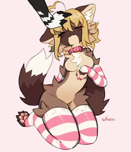 4_toes anthro armwear blonde_hair breasts brown_body brown_fur claws clothed clothing colored_nails duo ear_twitch elbow_gloves fangs featureless_breasts feet female female_anthro fluffy fluffy_tail fur gloves hair handwear inner_ear_fluff kneeling legwear meow nails one_eye_closed partially_clothed patting pawpads paws red_eyes simple_background small_waist smile solo_focus tail tail_motion tailwag teeth thigh_highs toe_claws toes tuft sufness fati_(madebychimi) loky domestic_cat felid feline felis mammal 2024 animated digital_media_(artwork) no_sound short_playtime video
