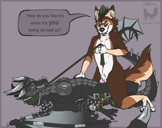 bdsm bondage bound breasts duo female genitals leash leash_pull male male/female nipples penetration penile penile_penetration penis penis_in_vagina simple_background tail text vaginal vaginal_penetration atelierlunatic kinktober mythology canid canine canis dragon mammal mythological_creature mythological_scalie scalie wolf absurd_res digital_media_(artwork) english_text hi_res