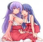 ;d armwear asian_clothing big_breasts blue_hair blush breasts clothed clothing detached_sleeves duo east_asian_clothing female footwear hair horn japanese_clothing legwear long_hair miko_outfit not_furry one_eye_closed open_mouth purple_eyes purple_hair shrine_maiden side_boob smile socks teeth wink hasu_(hk_works) higurashi_no_naku_koro_ni furude_rika hanyuu horned_humanoid human humanoid mammal