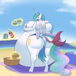 2022 absurd_res anal anal_vore anthro anthrofied beach belly beverage big_belly big_breasts big_butt breasts bumpywish butt cola container cup cutie_mark day digital_media_(artwork) equid equine feathered_wings feathers female fish_tail food friendship_is_magic fully_inside hair hasbro hi_res holding_container holding_cup holding_object horn huge_belly huge_breasts huge_butt hyper hyper_belly hyper_breasts magic magic_user mammal multicolored_hair multicolored_tail my_little_pony mythological_creature mythological_equine mythology princess_celestia_(mlp) purple_eyes sandwich_(food) sea seaside sky soda solo standing tail tongue tongue_out towel vore water white_body white_feathers winged_unicorn wings