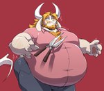 anthro beard belly big_belly blonde_hair blush bottomwear butt_slap clothing disembodied_hand duo facial_hair hair horn huge_belly male mature_male moobs morbidly_obese obese obese_anthro obese_male overweight overweight_anthro overweight_male pants pink_clothing pink_shirt pink_topwear pruning_shears red_background shirt simple_background slap solo_focus topwear racesolar undertale_(series) asgore_dreemurr boss_monster_(undertale) bovid caprine goat mammal hi_res