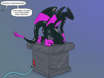 anal anal_penetration anthro blush claws crouching_over_dildo dialogue embarrassed feet genitals glistening glistening_body horn male nude nude_anthro nude_male object_in_ass object_insertion offscreen_character pedestal penetration penis simple_background solo speech_bubble tail talons text toes wings astral_kobold rappythetoy animate_inanimate gargoyle latex_creature absurd_res digital_media_(artwork) english_text hi_res