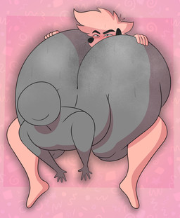 ambiguous_gender anthro big_butt birthday blush bodily_fluids butt duo facesitting floppy_ears grey_body high-angle_view holding_butt huge_butt hyper hyper_butt male male/ambiguous musk simple_background sitting_on_another smile sweat tan_body mechaclank anonymous_character sparky_(mechaclank) canid canine canis domestic_dog mammal absurd_res hi_res