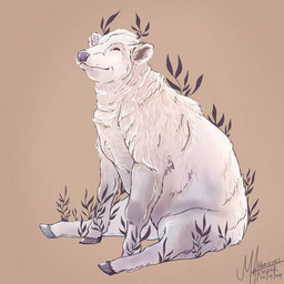 female feral fluffy fur quadruped short_fur simple_background sitting solo tan_background white_body white_fur mercylasvegas bovid bovine cattle mammal 1:1 2019 detailed low_res