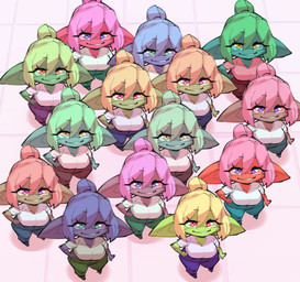 big_breasts big_ears blonde_hair blue_body blue_skin bottomwear breasts clothing eyebrow_through_hair eyebrows eyelashes female floor green_body green_skin grin group hair hand_on_hip high-angle_view looking_at_viewer not_furry pants pink_body pink_eyes pink_skin purple_body purple_skin red_body red_skin shirt short_hair small_body smile standing t-shirt tile tile_floor topwear translucent translucent_hair borvar dangerous_creature_(borvar) goblin humanoid 2022 digital_media_(artwork)