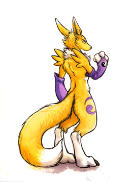 ambiguous_gender anthro biped black_sclera digitigrade dipstick_tail fur looking_at_viewer looking_back markings multicolored_body multicolored_fur multicolored_tail simple_background solo standing tail tail_markings two_tone_tail white_background white_tail_tip kenket bandai_namco digimon canid canine digimon_(species) mammal renamon 2015 absurd_res hi_res painting_(artwork) traditional_media_(artwork) traditional_painting_(artwork) traditional_watercolor_(artwork) watercolor_(artwork)