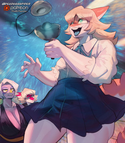 5_fingers anthro big_breasts blonde_hair blue_bottomwear blue_clothing blue_eyes blue_skirt bone_frill bottomwear bow_ribbon breasts claws cleavage clothed clothing collared_shirt dress dress_shirt elderly elderly_anthro elderly_female eyelashes eyewear female finger_claws fingers freckled_face freckles frill_(anatomy) glasses grey_hair group hair huge_breasts huge_thighs long_hair long_tail magenta_body magenta_scales mature_anthro mature_female medium_hair multicolored_body multicolored_scales orange_body orange_scales patreon_logo purple_body purple_clothing purple_dress purple_scales round_glasses scales shirt skirt spiked_tail spikes spikes_(anatomy) tail teal_eyes text thick_thighs topwear trio two_tone_body two_tone_scales white_body white_scales wide_hipped_anthro wide_hipped_female wide_hips yellow_eyes deadassspider cavemanon_studios goodbye_volcano_high i_wani_hug_that_gator ko_op_(game_developer) patreon mia_moretti mrs._roberts_(gvh) naomi_(gvh) ceratosaurid ceratosaurus dinosaur hadrosaurid ornithischian ornithopod parasaurolophus prehistoric_species reptile saurischian scalie theropod 2026 absurd_res artist_name hi_res url watermark sibling_(lore) sister_(lore) sisters_(lore)