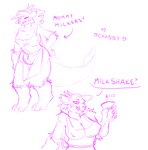 anthro beverage big_breasts bodily_fluids breasts clothed clothing female fur hair lactating looking_at_viewer milk milkshake nipples slightly_chubby slightly_chubby_female smile solo thick_thighs wide_hips xushibeetle rey'nuir absurd_res hi_res