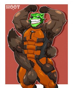 anthro armpit_hair balls big_balls big_penis body_hair brown_body brown_fur brown_penis clothing erection fur genitals green_mask looking_at_viewer male penis pubes sharp_teeth solo suit teeth vein veiny_penis dg254 guardians_of_the_galaxy marvel the_mask rocket_raccoon mammal procyonid raccoon 2025 hi_res