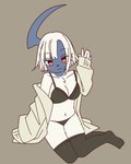 anthro blue_body blue_skin bra breasts cleavage clothed clothing female female_anthro fur gesture grey_background hair kemono legwear lingerie on_ground open_sweater panties pantyhose pantyhose_down partially_clothed pokemorph red_eyes simple_background sitting smile solo sweater topwear underwear waving waving_at_viewer white_body white_fur white_hair mikeyama nintendo pokemon absol canid generation_3_pokemon mammal pokemon_(species) hi_res