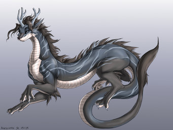 5_fingers 5_toes black_body black_hair black_nose claws feet feral fingers fur grey_background grey_body grey_eyes hair horn inner_ear_fluff male scales simple_background solo toes tuft angrycontra mythology dragon eastern_dragon mythological_creature mythological_scalie scalie 2025 4:3 detailed hi_res