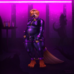 ambiguous_gender anthro avian_feet beak bulge chain clothing collar collar_tag cuff_(restraint) detailed_bulge feet group latex latex_clothing latex_skinsuit looking_at_viewer male male_focus neon_lights nightclub nipple_outline overweight overweight_male restraints skinsuit smile solo_focus talons tight_clothing toes wrist_cuffs pepperpkmon88 rye_owl_(character) avian bird owl 1:1 absurd_res full-length_portrait hi_res portrait