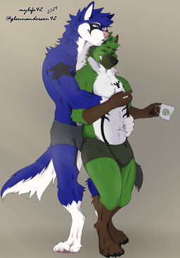 4_toes 5_fingers anthro athletic big_bulge biped black_pawpads bulge claws container cuddling cup digitigrade duo feet finger_claws fingers hindpaw holding_container holding_cup holding_object hug hugging_another hugging_from_behind male male/male male_anthro morning pawpads paws pink_pawpads slightly_chubby slightly_chubby_anthro slightly_chubby_male toe_claws toes mylife42 canid canine canis mammal wolf absurd_res hi_res