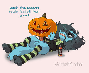 3_toes animal_genitalia animal_penis anthro balls black_body black_fur black_hair blue_body blue_fur bottomless bottomless_anthro bottomless_male canine_genitalia canine_penis clothed clothing dialogue erection facial_markings feet fluffy fluffy_hair food fruit fur genitals hair head_markings holidays hoodie improvised_sex_toy jack-o'-lantern knot knotted_penis leg_markings legwear lube_bottle lube_on_penis lying male markings mask_(marking) on_back pattern_clothing pattern_legwear pattern_thigh_highs penis penis_in_food plant pumpkin pumpkin_masturbation socks_(marking) solo striped_clothing striped_legwear striped_thigh_highs stripes tail text thigh_highs toes topwear thatbirdboi halloween nintendo pokemon generation_4_pokemon pokemon_(species) riolu 2025 digital_drawing_(artwork) digital_media_(artwork) english_description english_text hi_res