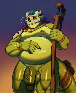 anthro balls belly big_balls big_penis blush bone bone_mask bulge detailed_bulge flustered genital_outline genitals glans green_body hand_on_belly huge_penis jewelry male mask musclegut muscular muscular_male nipples nude overweight overweight_male penis penis_outline skull skull_mask solo staff tail vein veiny_penis ryokusetteh terraria witch_doctor_(terraria) lihzahrd absurd_res hi_res