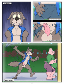anthro balls big_pupils black_nose blue_clothing blue_topwear blue_vest bottomless bottomless_anthro bottomless_male bottomwear claws clothed clothed_anthro clothed_male clothing dilated_pupils duo erection flashback forest fully_clothed fully_clothed_anthro fully_clothed_male fur genitals glans green_clothing green_shirt green_topwear grey_body grey_fur humanoid_genitalia humanoid_penis licking licking_lips long_snout male mismatched_genitalia mismatched_humanoid_penis mismatched_penis oblivious overweight overweight_anthro overweight_male partially_clothed_anthro partially_clothed_male penis pink_body plant pupils purple_bottomwear purple_clothing purple_shorts realization sharp_teeth shirt shorts snout tearing_bottomwear tearing_clothing tearing_shorts teeth text thought thoughts tongue tongue_out topwear torn_clothing tree vest huttsergreywolf fairy_tales the_three_little_pigs big_bad_wolf canid canine canis domestic_pig mammal suid suine sus_(pig) wolf comic english_text hi_res