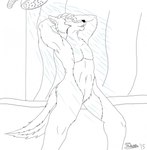 anthro bathing eyes_closed fangs featureless_crotch fur hand_on_head male navel nude open_mouth shower shower_curtain shower_head showering solo standing teeth marcushunter marcus_hunter canid canine canis mammal wolf 2015 hi_res signature