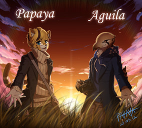 anthro black_bottomwear black_clothing black_coat black_hair black_pants black_topwear blonde_hair blue_clothing blue_eyes blue_topwear bottomwear brown_bottomwear brown_clothing brown_eyes brown_pants clothed clothing cloud coat duo facial_spots fur glistening glistening_eyes grass hair looking_at_viewer male markings multicolored_hair outside pants plant sky spots spotted_body spotted_face spotted_fur standing sunset tan_body tan_clothing tan_topwear topwear two_tone_hair yellow_body yellow_fur papayafurry avian felid mammal 2022 absurd_res dated hi_res signature
