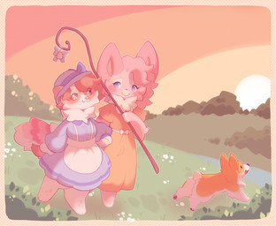 ambiguous_feral ambiguous_gender anthro blue_clothing blue_dress blue_eyes blush chibi clothing dress eye_contact eyelashes female female_anthro feral grass group hair hat headgear headwear holding_object looking_at_another open_mouth open_smile outside pawpads plant short_hair short_tail size_difference sky smaller_feral smile smiling_at_another smiling_at_each_other tail trio walking yellow_clothing yellow_dress shiones mango_(mangobird) shurya canid canine canis domestic_dog herding_dog mammal pastoral_dog teacup_gryphon welsh_corgi colored digital_drawing_(artwork) digital_media_(artwork) hi_res shaded