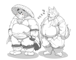anthro asian_clothing belly blush bottomwear bulge clothing duo east_asian_clothing fundoshi hat headgear headwear humanoid_hands japanese_clothing kemono male melee_weapon moobs nipples overweight overweight_male pants shirt simple_background sword topwear underwear weapon white_background suishou0602 canid canine canis domestic_dog mammal raccoon_dog tanuki 2015 hi_res