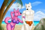 anthro beach bikini breasts bulge clothing detailed_background duo female fur male outside pink_body pink_fur sand sea seaside sky swimwear two-piece_swimsuit water white_body white_fur nisharu canid canine canis domestic_dog husky mammal nordic_sled_dog spitz wolf 2015 3:2