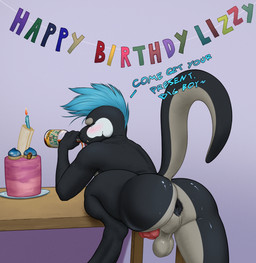 alcohol anthro anus backsack balls beverage big_butt birthday blush bottle butt cake container dessert dialogue drunk erection food genitals hair looking_back male nude penis presenting presenting_anus presenting_hindquarters simple_background smile solo substance_intoxication text thick_thighs tongue whiskey wide_hips tall_lizzard raptor_(raptorboii) dinosaur dromaeosaurid prehistoric_species reptile saurischian scalie theropod digital_media_(artwork) english_text hi_res