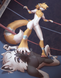 5_toes anthro balls bodily_fluids defeated dripping duo erection featureless_crotch feet fighting_ring fingers foot_fetish foot_lick foot_on_face foot_on_penis foot_play footjob fur genitals hair half-closed_eyes holding_object humanoid_feet humanoid_genitalia humanoid_penis licking lying male male/male narrowed_eyes nude on_back open_mouth penile penis plantigrade presenting saliva saliva_drip sex smile spreading standing stepped_on stepping stepping_on_face tail teeth toe_lick toes tongue tongue_out wrestling aslinino mats_(glasnir) tuskjumps canid canine canis fox mammal wolf digital_media_(artwork) hi_res