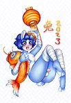 anthro bandage blue_body blue_eyes blue_fur femboy fur holidays lamp lantern male penis_tuck solo x_ten_ten_x chinese_new_year chinese_zodiac noodles_(x_ten_ten_x) lagomorph leporid mammal rabbit absurd_res hi_res