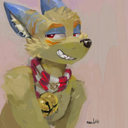 anthro black_nose blue_ears cheek_tuft clothing dipstick_ears ear_markings facial_tuft front_view fur grin male male_anthro multicolored_ears narrowed_eyes pattern_clothing pattern_scarf red_eyes red_scarf scarf simple_background smile solo striped_clothing striped_ears striped_scarf stripes tuft white_scarf yellow_body yellow_ears yellow_fur oselotti vulfe_(hackencraft) canid canine mammal 1:1 bust_portrait hi_res icon painting_(artwork) portrait signature