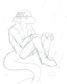 anthro armor biped boots bottomwear clothing fin footwear headgear helmet humor jacket male narrowed_eyes pants raining shoes solo text topwear joeyjazz joey_(joeyjazz) aquatic fish shark absurd_res blue_and_white hi_res monochrome