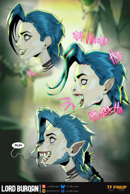 anthro blue_hair bodily_fluids dialogue eyeshadow fang_growth fangs female growth hair laugh makeup side_view snout snout_growth solo species_transformation tears teeth text three_frame_sequence transformation transformation_sequence vein lordburqan league_of_legends riot_games tencent jinx_(lol) human hyena mammal 2025 chromatic_aberration digital_media_(artwork) english_text hi_res sequence
