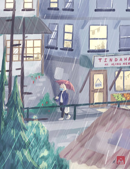 anthro apartment_building bottomwear city clothing coat detailed_background filipino footwear holding_object male mask medical_instrument pants philippines pointy_ears railing raining scientific_instrument shirt shoes simple_eyes solo storefront surgical_mask topwear umbrella walking w0lfi unnamed_character canid canine mammal hi_res