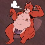 anthro armpit_hair belly big_belly bodily_fluids body_hair bulge clothing dot_eyes male moobs navel nipples overweight overweight_male red_body simple_background sitting smoking solo sweat underwear pokonuki mappy goro_(mappy) domestic_cat felid feline felis mammal 1:1 2023