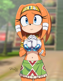 anthro blue_eyes blurred_background bottomwear breasts clothing crown eyelashes female fur gloves hair handwear headgear jewelry navel necklace orange_body orange_fur orange_hair skirt solo tiara white_clothing white_gloves white_handwear prezer0 archie_comics sega sonic_adventure sonic_the_hedgehog_(series) tikal_the_echidna echidna mammal monotreme 2026 signature