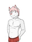 3:4 alternate_species anthro arctic_fox briefs briefs_only canid canine clothed clothing fox fur furrification fuze hair half-length_portrait hi_res hiroyuki_(morenatsu) male mammal morenatsu morenatsu_homecoming navel nipples pink_hair pink_nose portrait red_briefs red_clothing red_eyes red_underwear simple_background smile solo topless true_fox underwear underwear_only white_background white_body white_fur