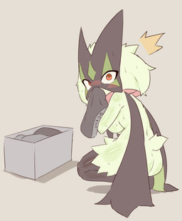 anthro blush blush_lines bodily_fluids box boxers_(clothing) breasts butt clothing container female female_anthro fur green_body green_fur green_tail grey_background looking_at_viewer looking_back looking_back_at_viewer mask red_eyes simple_background sniffing sniffing_clothes solo sweat sweatdrop tail underwear underwear_sniffing rokroc205 nintendo pokemon generation_9_pokemon meowscarada pokemon_(species) 2026 absurd_res hi_res