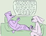 anthro bodily_fluids clothed clothing dialogue duo ear_piercing ear_ring eyewear fully_clothed fur furniture glasses holding_object piercing psychiatrist question_mark reclining ring_piercing sitting sofa sweat sweatdrop therapist therapy writing_text visiti disney zootopia honey_badger_(zootopia) violet_hopps badger honey_badger lagomorph leporid mammal mustelid musteline rabbit 2018