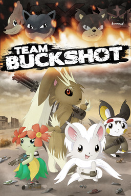 ambiguous_gender anthro bandage biped black_eyes black_nose blood blue_eyes bodily_fluids brown_body brown_eyes brown_fur cheek_spots closed_smile cloud fur grey_body grey_fur group gun holding_gun holding_object holding_ranged_weapon holding_weapon mouth_closed open_mouth open_smile outside paws pupils ranged_weapon red_eyes sharp_teeth sky smile standing teeth text tongue weapon white_body white_fur white_sclera white_text yellow_cheeks yellow_sclera avengerseraph nintendo pokemon kaxo_(team_buckshot) sabot_(team_buckshot) shank_(team_buckshot) bellossom blastoise cinccino emolga floatzel generation_1_pokemon generation_2_pokemon generation_4_pokemon generation_5_pokemon generation_7_pokemon incineroar litten lopunny pokemon_(species) ursaring 2026 2:3 absurd_res cover cover_art cover_page english_text hi_res male_(lore)