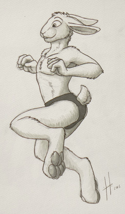 anthro bottomwear chest_tuft closed_smile clothed clothing ears_back head_tuft leg_tuft long_ears male male_anthro mouth_closed pivoted_ears scut_tail short_tail side_view simple_background slim_anthro slim_male smile solo tail topless tuft underwear hufnaar lagomorph leporid mammal rabbit 2016 dated hi_res monochrome sketch traditional_media_(artwork)