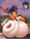 anthro back_boob beanie big_breasts big_butt blurred_background blush blush_lines bottomless bottomless_female breasts butt butt_slap cheek_tuft clenched_teeth clothed clothing dipstick_tail duo eyebrows eyelashes eyes_closed facial_tuft fangs female female/female first_person_view fur glistening glistening_eyes grey_body grey_ears grey_eyebrows grey_fur hair hat headgear headwear huge_breasts huge_butt long_tail looking_at_viewer looking_back looking_back_at_viewer markings motion_lines multicolored_body multicolored_fur narrowed_eyes orange_body orange_clothing orange_ears orange_eyebrows orange_fur orange_shirt orange_tail orange_topwear outside ponytail profanity pupils rear_view screencap screencap_background shirt shirt_only sitting slap spanking straight_tail tail tail_markings teeth teeth_showing text tied_hair topwear topwear_only tuft two_tone_tail white_body white_fur white_tail yellow_eyes idlepotoo epic_games fortnite cate_meowdy meow_skulls domestic_cat felid feline felis mammal absurd_res english_text hi_res watermark