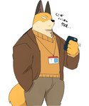 anthro cellphone clothing electronics jacket male muscular muscular_anthro muscular_male phone simple_background smartphone solo sweater text topwear hyaku_(artist) odd_taxi fuyuki_yamamoto_(odd_taxi) canid canine fox mammal japanese_text translation_request