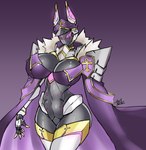 big_breasts black_body breasts cape cleavage clothed clothing female fingers legwear machine mouthless navel purple_eyes simple_background solo standing thick_thighs thigh_highs axelneko venus_(zzvinniezz) animal_humanoid anubian_jackal canid canine canis humanoid jackal mammal robot 2022 digital_media_(artwork)