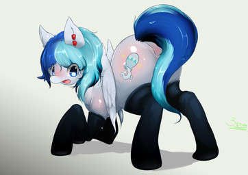 blue_eyes blue_hair blush butt clothing cutie_mark ear_piercing feathered_wings feathers female feral footwear fur glistening gradient_background hair kemono knee_highs knee_socks legwear multicolored_hair piercing simple_background smile socks solo thigh_highs two_tone_hair wings 3doss hasbro my_little_pony mythology fan_character equid equine mammal mythological_creature mythological_equine pegasus absurd_res character_request hi_res