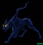 ambiguous_gender black_background blue_body dark_lighting feral glowing glowing_eyes muscular open_mouth paws ribs short_tail simple_background solo standing tail yellow_eyes noki001 final_fantasy final_fantasy_vii square_enix canid canine guard_dog_(final_fantasy_vii) mammal hi_res