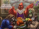 angry anthro banquet beak bread breasts cleavage clothed clothing feast feathers female food fruit grape group horn hungry male mane meat plant predator/prey red_body red_feathers shirt shocked topwear trading_card_game tunic worried ifus furoticon lord_cassvar_(furoticon) lyscilla_(furoticon) antelope avian bird bovid felid lion lizard mammal pantherine reptile scalie digital_media_(artwork)